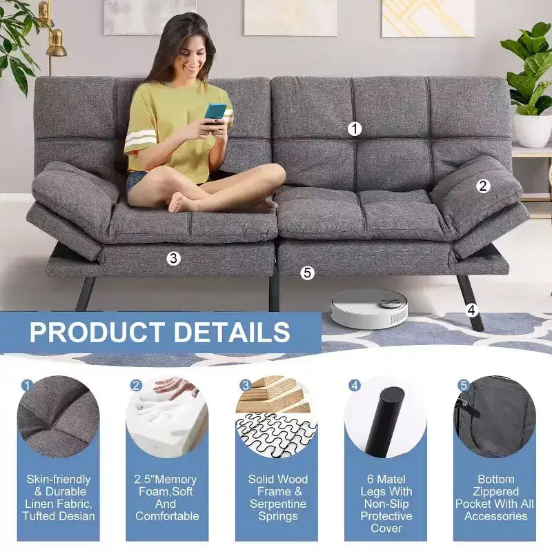 Divano Letto Futon Convertibile da 71 pollici con Memory Foam, Schienale e Braccioli Regolabili, Ecopelle