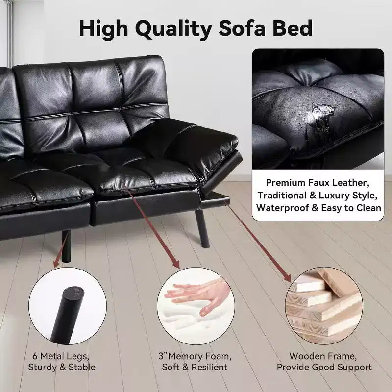 Divano Letto Futon Convertibile da 71 pollici con Memory Foam, Schienale e Braccioli Regolabili, Ecopelle