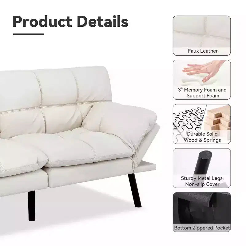Divano Letto Futon Convertibile da 71 pollici con Memory Foam, Schienale e Braccioli Regolabili, Ecopelle