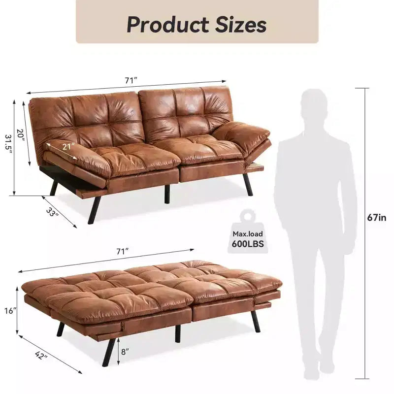 Divano Letto Futon Convertibile da 71 pollici con Memory Foam, Schienale e Braccioli Regolabili, Ecopelle