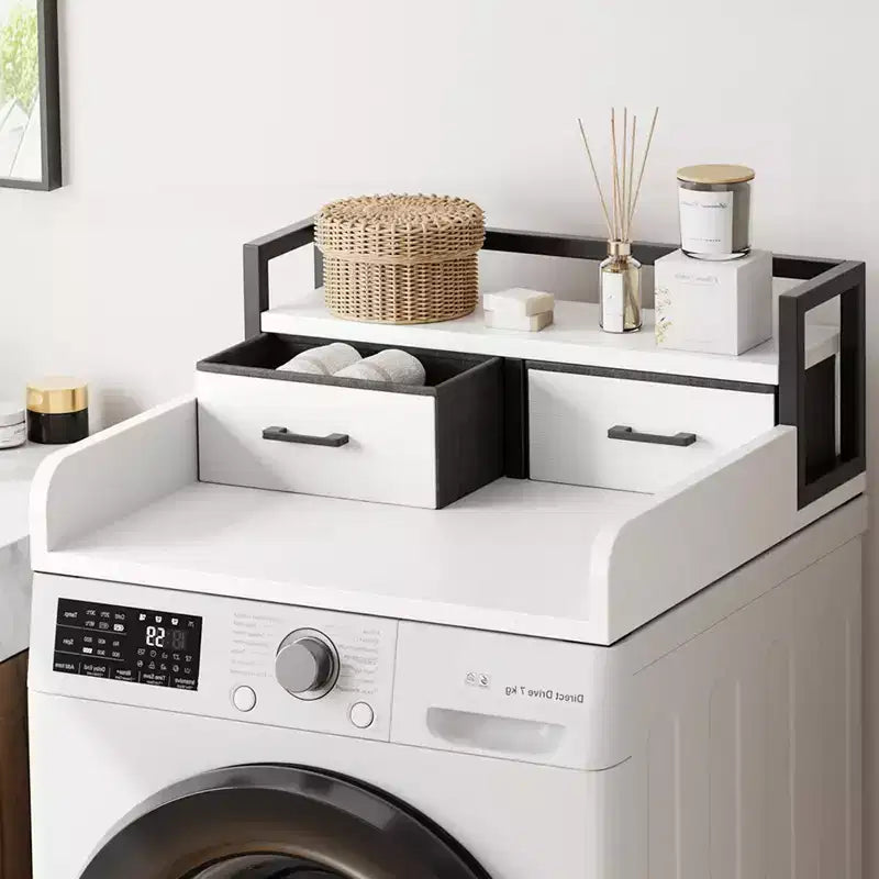 54 Washer and Dryer Countertop with 2-Tier Shelf, Non-Slip Pad and Guard Rails, Wooden Laundry Room Organizer