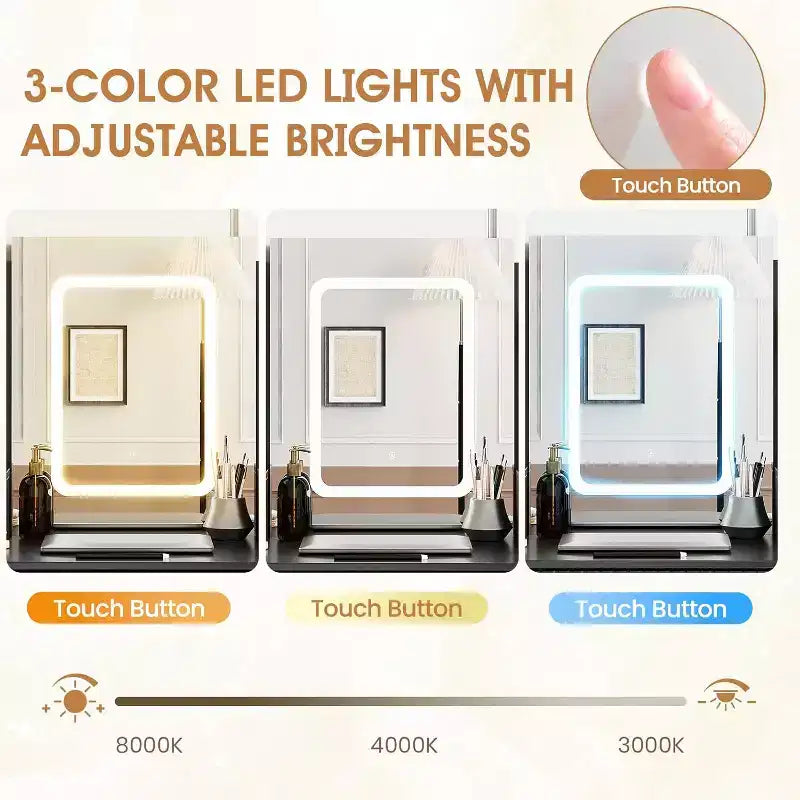 Toeletta con specchio illuminato, sgabello, 5 cassetti, 4 ripiani e supporto per asciugacapelli – Nero