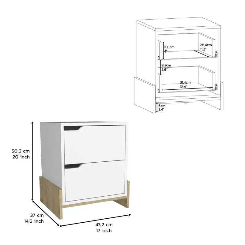 Comodino a due cassetti da 20" bianco e legno naturale