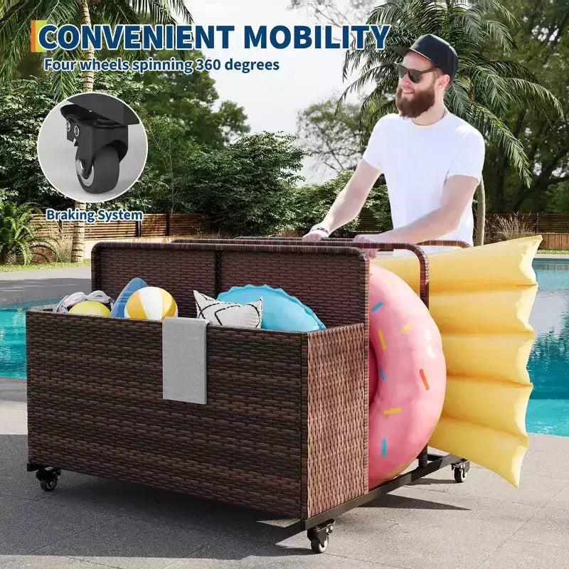 Organizzatore portaoggetti galleggiante a rotelle per piscina con cesto in vimini