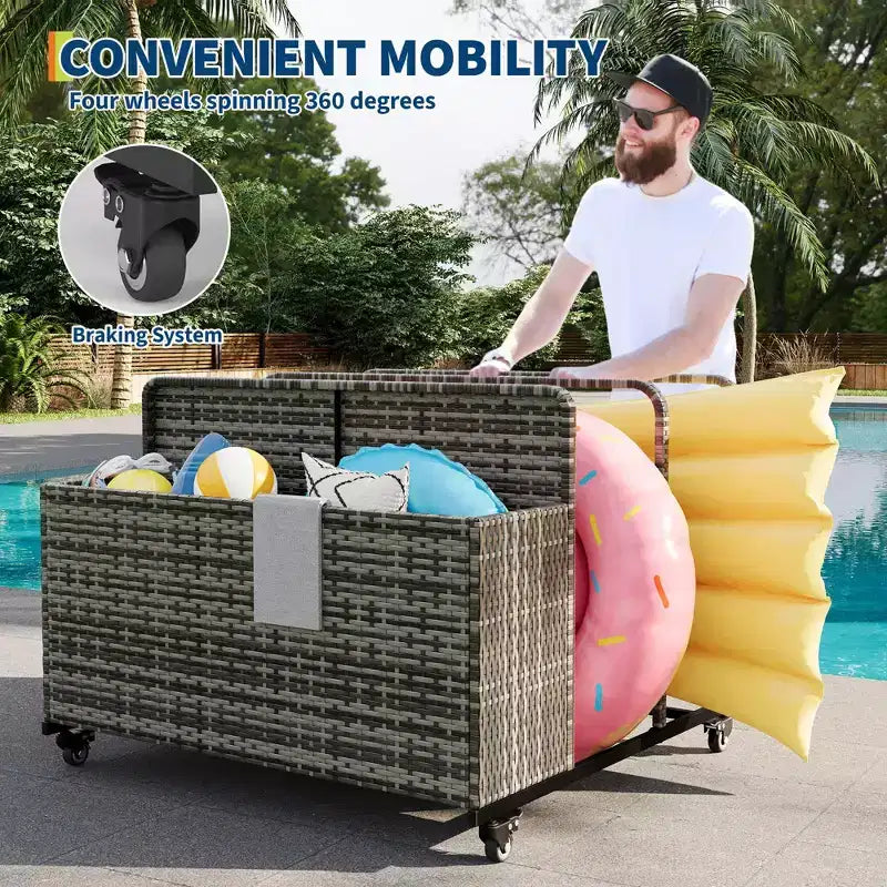 Organizzatore portaoggetti galleggiante a rotelle per piscina con cesto in vimini