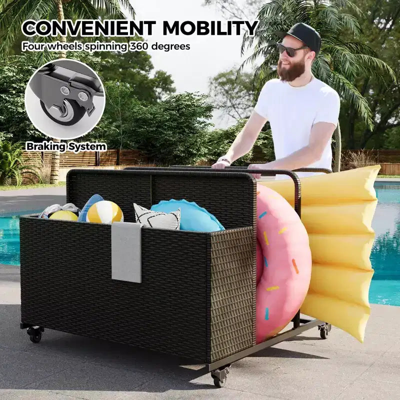 Organizzatore portaoggetti galleggiante a rotelle per piscina con cesto in vimini