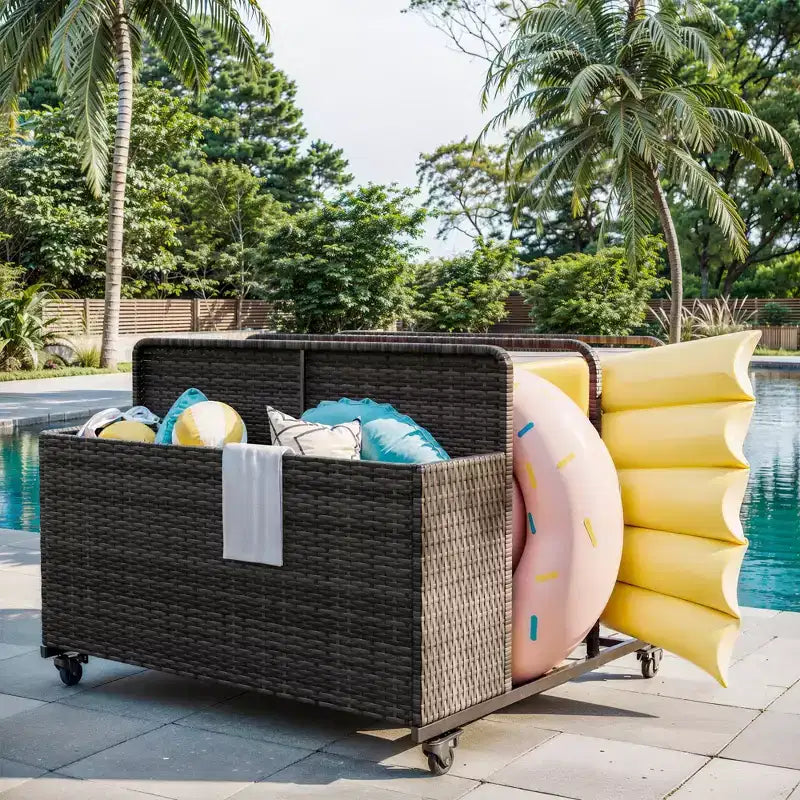 Organizzatore portaoggetti galleggiante a rotelle per piscina con cesto in vimini