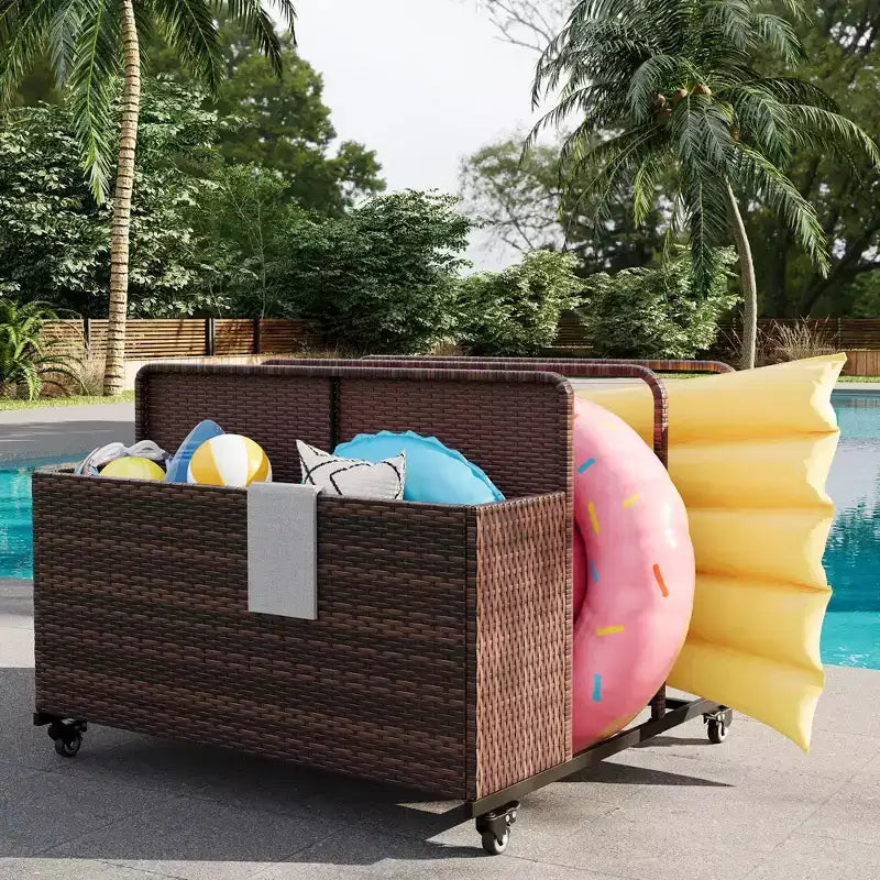 Organizzatore portaoggetti galleggiante a rotelle per piscina con cesto in vimini