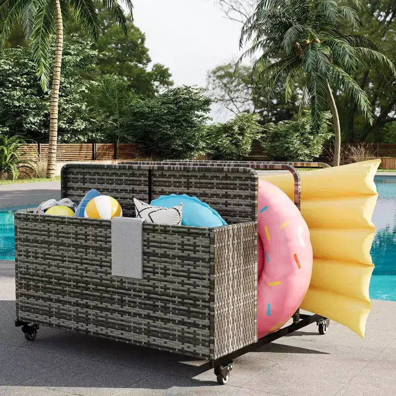 Organizzatore portaoggetti galleggiante a rotelle per piscina con cesto in vimini