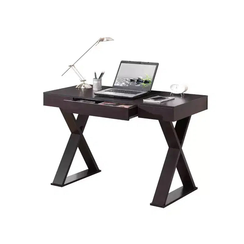 Scrivania con cassetto centrale – Finitura espresso, gambe a X