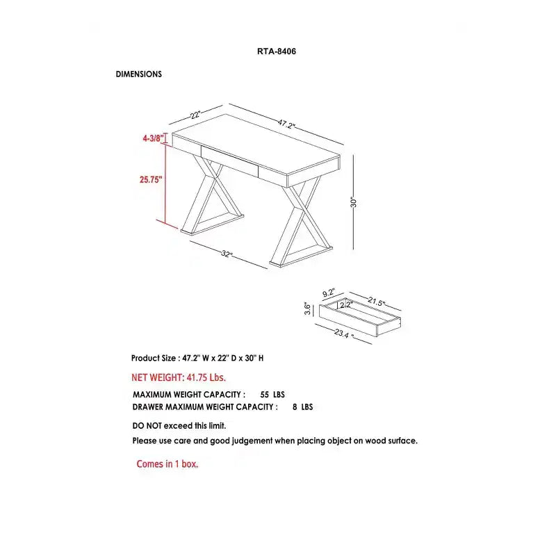 Scrivania con cassetto centrale – Finitura espresso, gambe a X