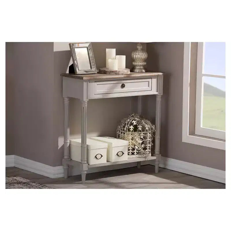Consolle in stile provenzale francese con cassetto e ripiano - Bianco e Marrone