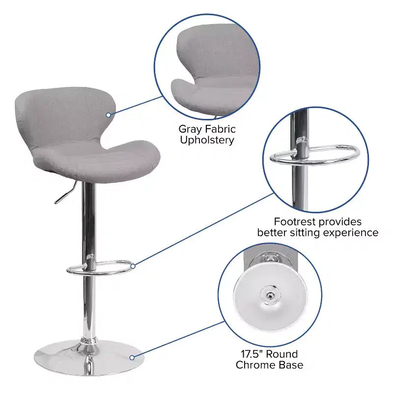 Sgabello da bar contemporaneo ad altezza regolabile con schienale curvo e base cromata