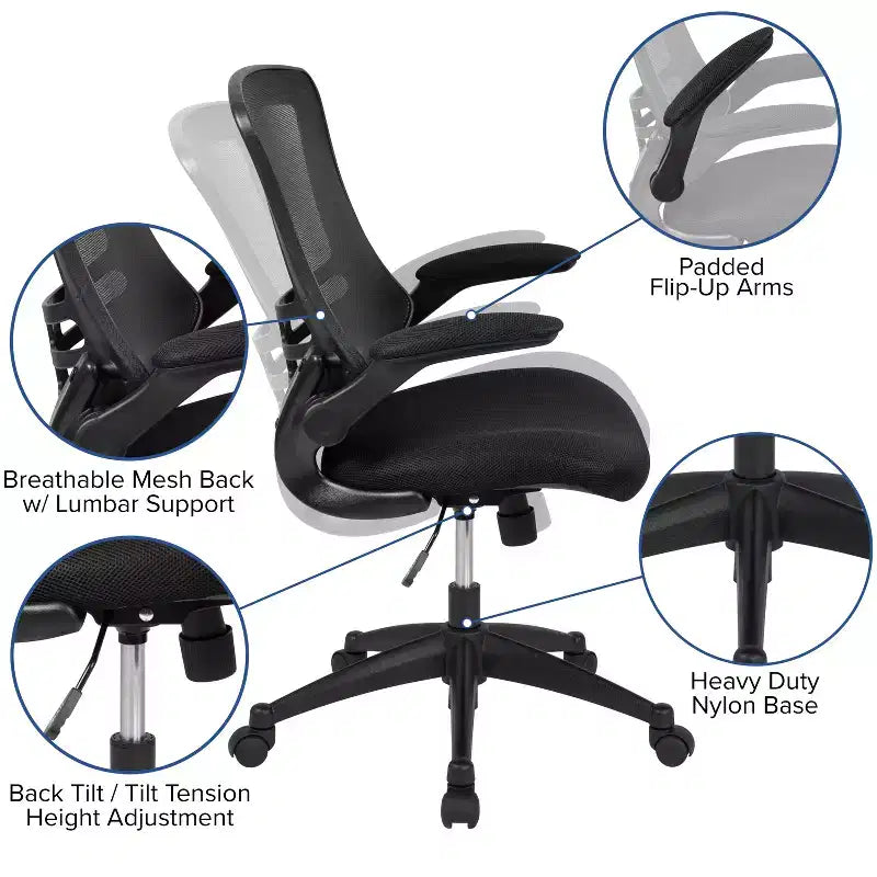 Sedia da ufficio ergonomica girevole in rete a schienale medio con braccioli ribaltabili