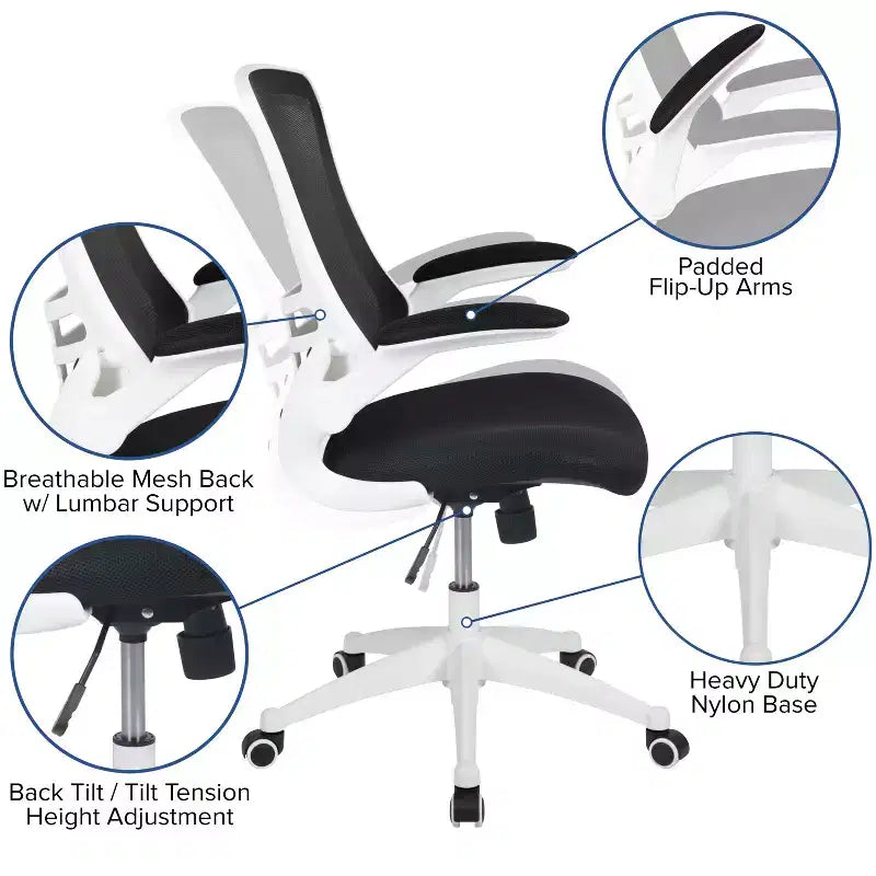 Sedia da ufficio ergonomica girevole in rete a schienale medio con braccioli ribaltabili