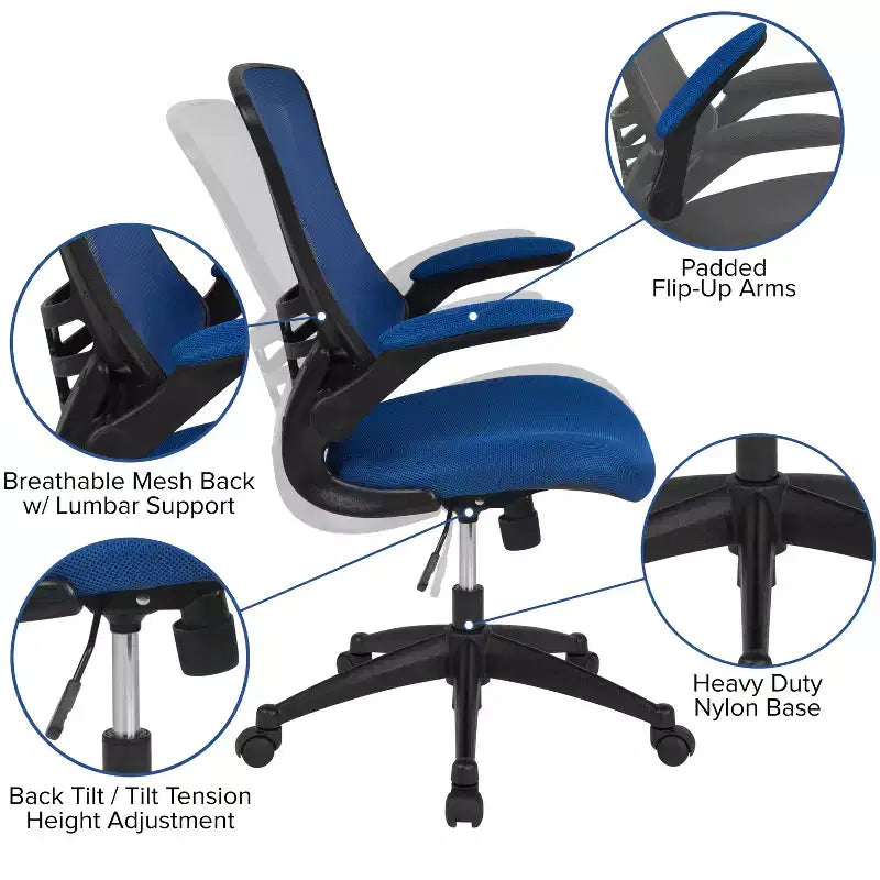 Sedia da ufficio ergonomica girevole in rete a schienale medio con braccioli ribaltabili